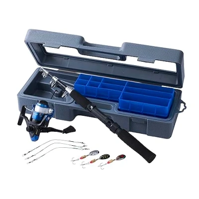 Abbildung von Shakespeare Firebird Travelmate Angelrute und Rolle Combo Perfekt für Angler, die gerne Reisen. Starter Set mit Spinnrute, Rolle, Angelrolle Schnur, Ködern Reiseetui