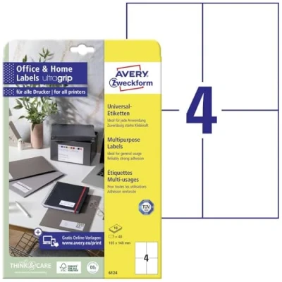 Abbildung von AVERY Zweckform 6124 Universal Etiketten (40 Klebeetiketten, 105x148 mm auf A4, bedruckbare Adressaufkleber, selbstklebende Versandetiketten mit ultragrip, ideal fürs HomeOffice) 10 Blatt, weiß