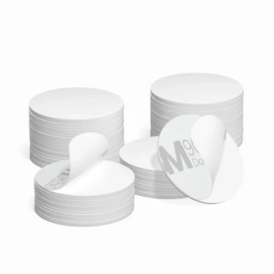 Abbildung von SANPOPO NFC Tag Karten, programmierbar, NFC, 215 Etiketten, PVC, NTAG215, selbstklebende Rückseite, rund, 25 mm, 504 Byte Speicher für Android iPhone und alle fähigen Geräte, 100 Stück