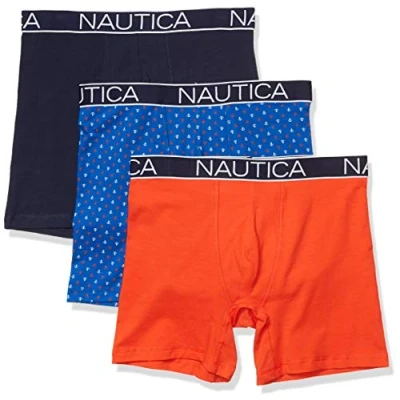 Abbildung von Nautica Herren Klassische Unterwäsche, Baumwolle, Stretch, 3er Pack Retroshorts, Peacoat/Orange Mohn/Anker Print Kobalt, X Large