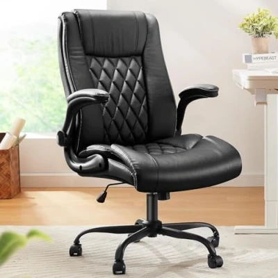 Abbildung von Marsail Chefsessel Bürostuhl mit Hochklappbaren Armlehnen, PU Leder Ergonomischer Schreibtischstuhl Kippfunktion Höhenverstellbar Drehbar Rollend für Homeoffice, Schwarz