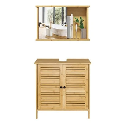Abbildung von EUGAD Badmöbel Set, Badezimmerschrank mit Spiegelschrank, Bambus