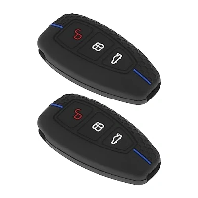 Abbildung von Be In Your Mind 2 Stück 3 Tasten Autoschlüssel Hülle Ersatz Kompatibel mit Ford Focus MK2 / MK3 MK4 Silikon Schlüsselanhänger Abdeckung schwarz blauen Streifen