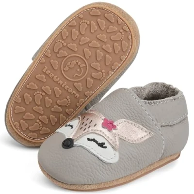 Abbildung von IceUnicorn Krabbelschuhe Baby Lauflernschuhe Weicher Leder Jungen Mädchen Lederschuhe Babys Rutschfeste mit Gummisohle Babyschuhe(Grau Rosenfuch, 6 12 Monate)