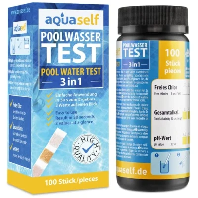 Abbildung von aquaself Poolwasser Test BASIS Wassertester für Pool auf pH und Chlor Gesamtalkalinität 100 Stück Wasserteststreifen.