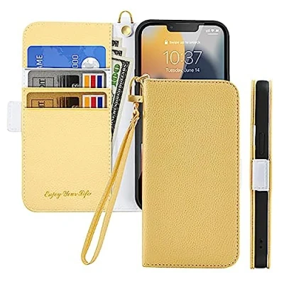 Abbildung von Tiyoo Samsung Galaxy A53 5G Handyhülle, Magnetische Brieftasche Hülle für Telefonschutz, Litschi Muster Leder mit Kartenfächern und Handschlaufe, stoßfeste Handyhülle 5G, Gelb