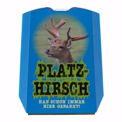 Abbildung von Platzhirsch Parkscheibe mit Hirsch Motiv als Überraschung zum bestandenen Führerschein Eiskratzer Wasserabstreifer und Einkaufswagen Chips Auto parken