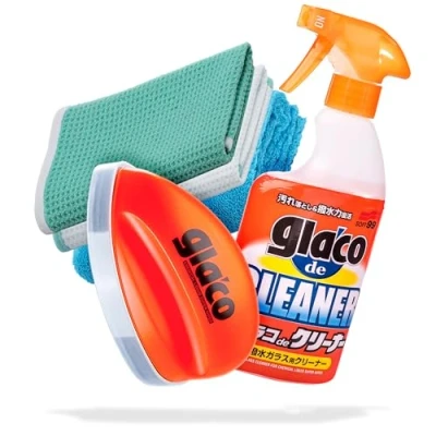 Abbildung von detailmate Autoscheiben Reinigung &amp; Versiegelung Bundle: Soft99 Glaco de Cleaner Glasreiniger 400ml + Q Scheibenversiegelung 75ml 2X Waffeltuch Poliertuch