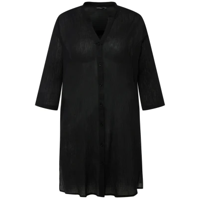 Abbildung von Ulla Popken Damen große Größen Übergrößen Plus Size Longbluse, Krepp, Stehkragen, V Ausschnitt, 3/4 Arm schwarz 42+ 818499100