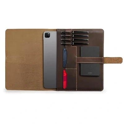 Abbildung von Londo Echtledertablettenhülle mit Zwei Kartenfächern und Lederstift / Apple Stifthalter (Braun, 12.9 Inch)