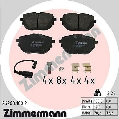 Abbildung von ZIMMERMANN 26268.180.2 Bremsbelagsatz inkl. Verschleißwarnkontakt mit Schrauben Foto entspricht Lieferumfang, Feder, Gleitblech