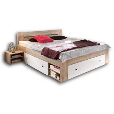Abbildung von Stella Trading STEFAN Doppelbett Bettanlage 180 x 200 cm mit 2x Nachtkommoden Schlafzimmer Komplett Set in Eiche San Remo Optik, weiß 185 86 204 (B/H/T)