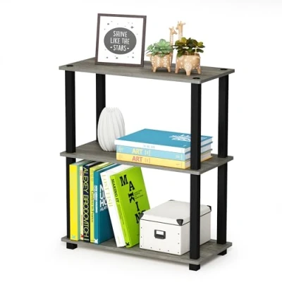 Abbildung von Furinno Compact Regalständer mit 3 Ablageflächen, holz, Französische Eiche Grau/Schwarz, 28.96 x 75.18 cm, Vierkantrohr