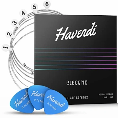 Abbildung von HAVENDI® Gitarrensaiten E Gitarre brillante Klangqualität Saiten aus Stahl für elektrische mit Nickel ummantelt (6 Set) inkl. 3 Plektren