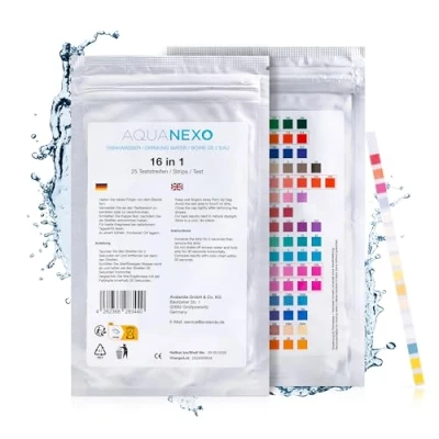 Abbildung von AquaNexo Trinkwassertest 25 Wassertester Trinkwasser Teststreifen 16 in 1 pH Wasserhärte