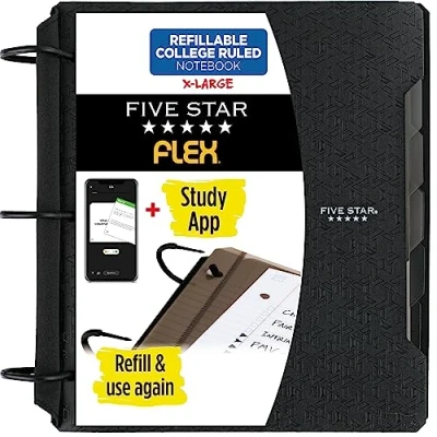 Abbildung von Five Star Flex Nachfüllbares Notizbuch + Lern App, College Papier, 3,8 cm TechLock Ringe, Taschen, Tabs und Trennblätter, Kapazität 300 Blatt, Schwarz (29324AA2)