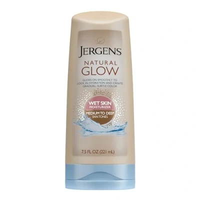 Abbildung von Jergens Natural Glow Feuchtigkeitscreme für die Dusche, mittelgroßer bis bräunender Hautton, 213 ml, nasse Hautlotion, schließt Feuchtigkeit mit allmählichen, makellosen Farben ein