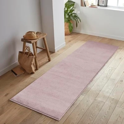 Abbildung von Jimri Flauschiger Teppich Läufer Hochwertige Kurzflor für Zuhause, Büro, Küche, Eingang, Flur, Wohnzimmer Maschinenwaschbar Rutschfester Waschbar 80x250 cm Rosa