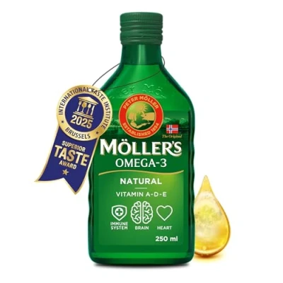 Abbildung von Möller&#039;s Omega 3 Lebertran Nahrungsergänzung mit EPA, DHA, Vit A, D und E Hochreiner natürlicher 165 Jahre alte Marke Superior Taste Award Neutraler Geschmack 250 ML