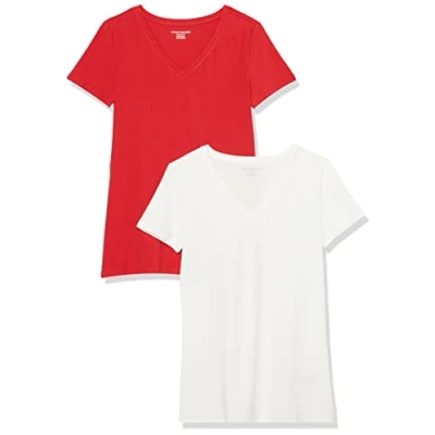 Abbildung von Amazon Essentials Damen Kurzärmeliges T Shirt mit V Ausschnitt, Klassischer Schnitt, 2er Pack, Rot/Weiß, L