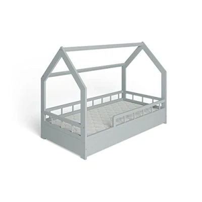 Abbildung von ms factory Hausbett Kinderbett 80x160 cm mit Rausfallschutz und Lattenrost Einzelbett aus Kiefernholz für Mädchen Junge Grau