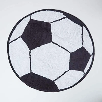 Abbildung von Homescapes Kinderteppich Fußball Bunter Teppich, Vorleger 120 cm Durchmesser. Farben: Schwarz und Weiß. Geeignet für Badezimmer oder Kinderzimmer.
