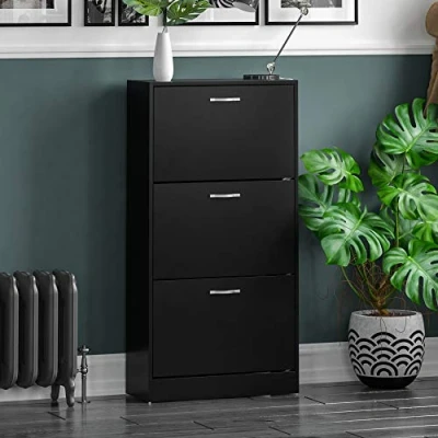 Abbildung von Vida Designs Schuhschrank mit 3 Schubladen, Schuh Organizer, ausziehbares Möbelstück aus Holz, Schwarz