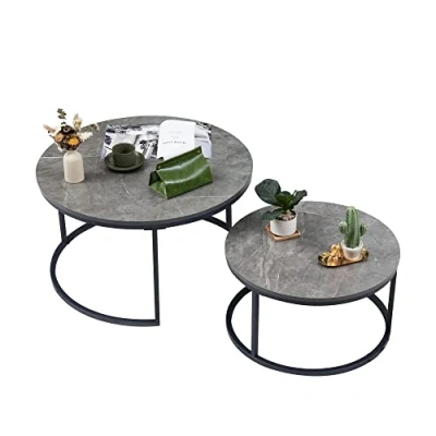 Abbildung von Soayone Couchtisch Rund 2er Set, Schwarz Marmor mit Metallgestell, Beistelltisch Rund, Wohnzimmertisch Modern, Satztische fürs Wohnzimmer Schlafzimmer Balkon