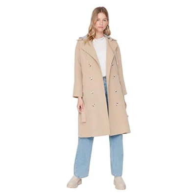 Abbildung von Trendyol Damen Regular Zweireihig Plain Webstoff Trenchcoat Coat, Beige, 34 EU