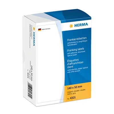 Abbildung von HERMA 4321 Frankieretiketten für Frankiermaschinen, doppelt, 140 x 50 mm, 500 Stück, selbstklebend, matt, 2fach Papier Frankier Etiketten Klebeetiketten Aufkleber, weiß
