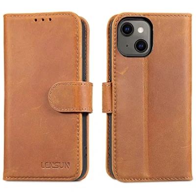 Abbildung von LENSUN Echtleder Hülle für iPhone 13 Mini, Handyhülle [Echtes Leder] [Standfunktion] [RFID Schutz] Handytasche Flip Cover Lederhülle Mini Vintage Braun