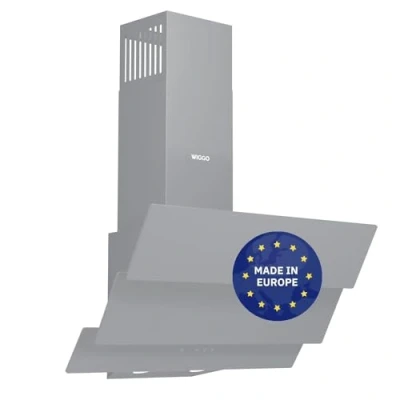 Abbildung von Wiggo B643 Dunstabzugshaube 60cm kopffrei I Abluft Umluft Dunstabzug 615m3/h Touch Display 4 Stufen Energieeffizienzklasse B Schräghaube inkl. 2x Kohlefilter Abzugshaube Glasfront grau