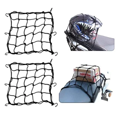 Abbildung von Motorrad Gepäcknetz, 2 Pcs Fracht Spannnetz mit Haken Helm Netz Gepäckspanner Spanngurte Elastisches Sicherheitsnetz fur und Fahrrad, Schwarz 40x40cm