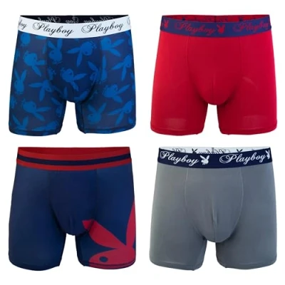 Abbildung von Playboy Herren Sportliche Boxershorts für den täglichen Gebrauch, aus weichem, gebürstetem Stoff, S, M, L und XL, 4 Stück Retroshorts, 4er Pack mit großem Bunny, Medium