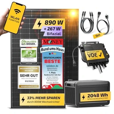 Abbildung von Solakon® 900W Balkonkraftwerk mit Speicher 800W komplett Steckdose neuester 800 Watt Wechselrichter Growatt NOAH 2000 2 kWh 450W bifaziale Solarmodule