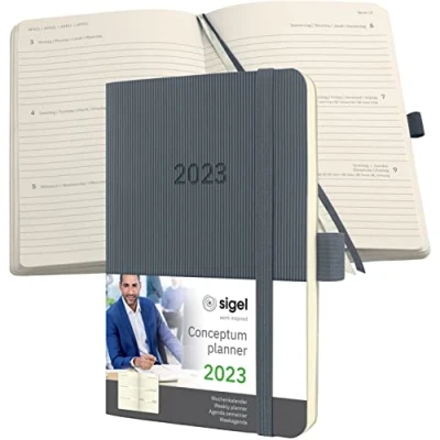 Abbildung von SIGEL C2337 Terminplaner Wochenkalender 2023 ca. A6 dunkelgrau Softcover 176 Seiten Gummiband, Stiftschlaufe, Archivtasche PEFC zertifiziert Conceptum