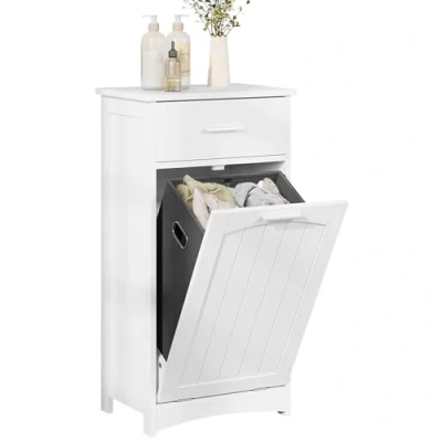 Abbildung von EUGAD Badezimmerschrank mit ausklappbarem Wäschekorb, Wäscheschrank, Wäschesammler 2 Fächern, Badschrank Schublade, schmal, Weiß, 42x82x30 cm
