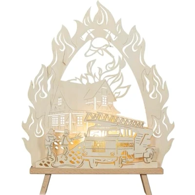 Abbildung von Rudolphs Schatzkiste Lichterspitze Feuerwehr LED Beleuchtung Natur BxHxT 34,5x43x6cm NEU Schwibbogen Lichterbogen Fensterbogen Spitzbogen Erzgebirge Weihnachten Bergbau Bergmann Licht Holz Dekoration
