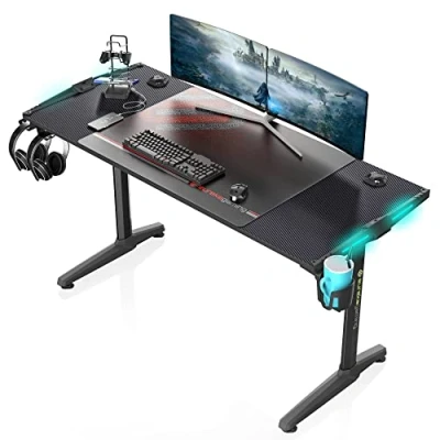 Abbildung von EUREKA ERGONOMIC Gaming Tisch mit LED Groß Gamer 140 x 60 cm Schreibtisch PC Computertisch Kabelmanagement Computertisch, Getränkehalter und Kopfhörerhalter Schwarz