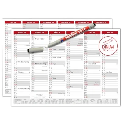 Abbildung von TOBJA abwischbarer Wandkalender 2025 A4 &quot;Rot&quot; Jahresplaner abwischbar, inkl. Stift. Tafelkalender 2025, Robuster Kalender