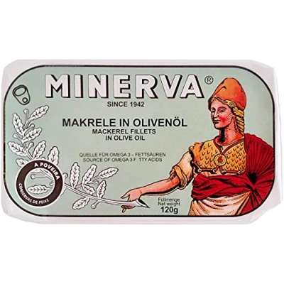Abbildung von Minerva Makrelenfilets in Olivenöl 120 g reich an Omega 3 von Hand eingemacht und verpackt Portugal