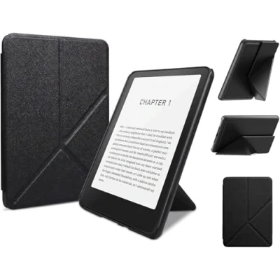 Abbildung von Faltbarer Ständer für 7 Zoll Kindle Paperwhite 12. Generation 2024 und Colorsoft Signature Edition, schlankes, leichtes PU Leder Cover mit Auto Wake/Sleep &amp; Multi Viewing Angles (Schwarz)