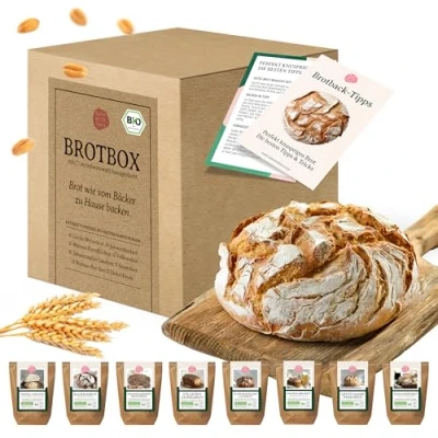 Abbildung von Bio Brot Probierbox Starterset mit 8 Brotbackmischungen Geschenk zum Einzug Selberbacken Brotbackautomat geeignet Bake with Love