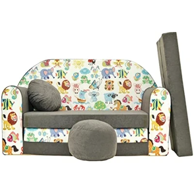 Abbildung von Pro Cosmo Kindersofa Bettfunktion 3in1 Sofa + Gratis Polsterhocker und Kissen Kindermöbel Set A5