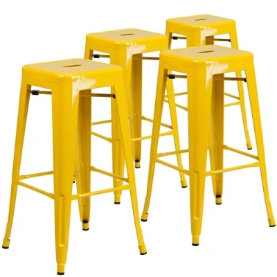 Abbildung von Flash Furniture Lily Barhocker mit quadratischer Sitzfläche, 76,2 cm hoch, rückenfrei, Metall, für drinnen und draußen, Gelb, 4 Stück