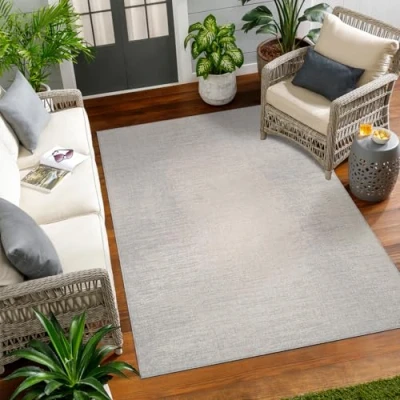 Abbildung von Livabliss Kemer Outdoor Teppich wetterfest In und für Balkon 120x170 cm, Terrasse, Garten, Küche Teppiche Boho Style draußen Elfenbein Hellgrau