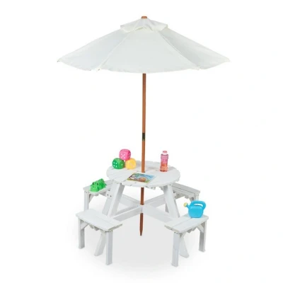Abbildung von relaxdays Garten Kindersitzgruppe Runde Holz mit Schirm