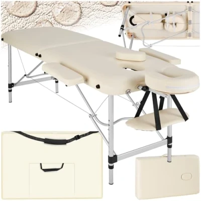 Abbildung von tectake Massageliege 2 Zonen, Massagetisch, klappbar, höhenverstellbare Aluminium Massageliege, Portable Massagebank inkl. Zubehör, Alu Kopfstütze, Armlehne und Tragetasche beige