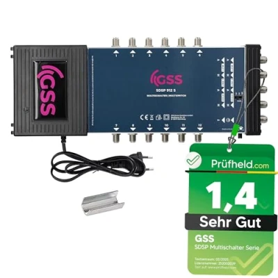 Abbildung von GSS 9/12 Multischalter für 12 Teilnehmer &amp; 2 Satelliten inkl. Aufdrehhilfe Quad oder Quattro LNB geeignet Regelbare Terestrik 22Khz integriertes Netzteil Sat Verteiler Multiswitch