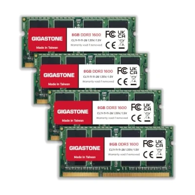 Abbildung von [DDR3 RAM] Gigastone Laptop RAM 32GB (4x8GB) DDR3 1600MHz PC3 12800 CL11 1.35V SODIMM 204 Pin/Polig Ungepuffert Nicht ECC Computer Speicher (Nur Notebook/Laptop)